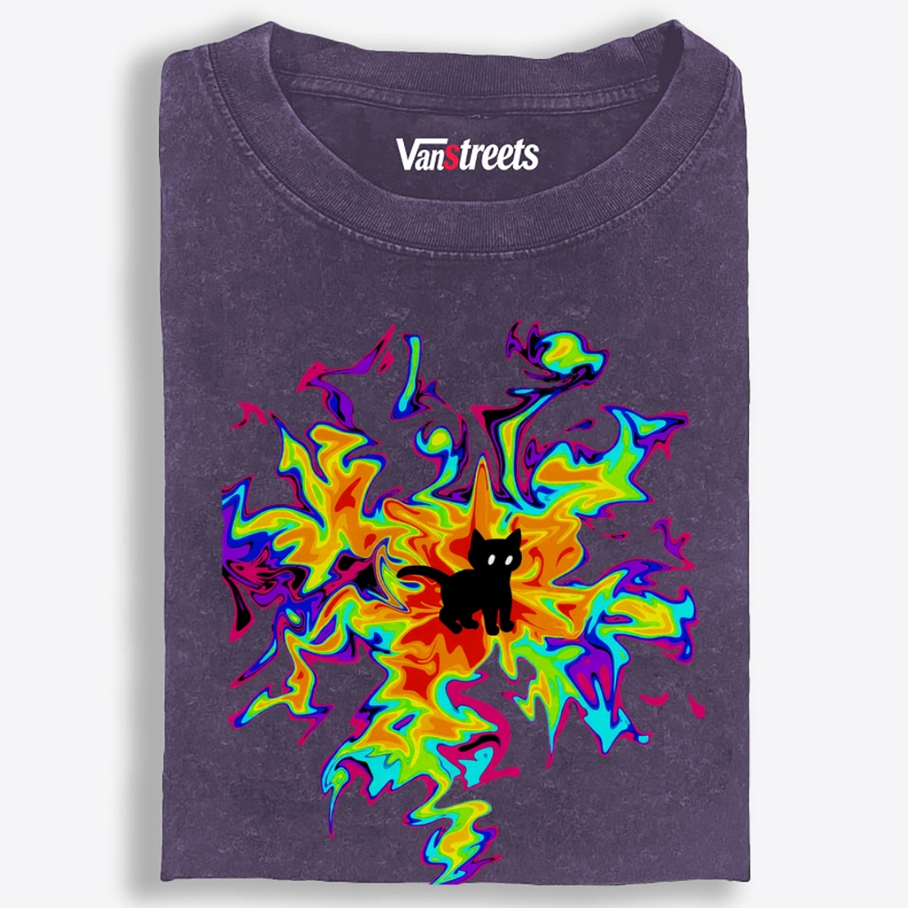 Psychedelic Burst Neon Cat Art Retro Washed T-Shirt | 100% Cotton | Streetwear Essential