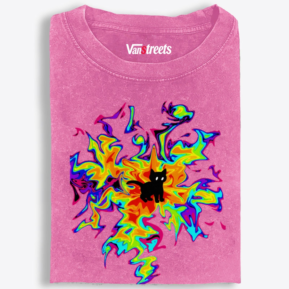 Psychedelic Burst Neon Cat Art Retro Washed T-Shirt | 100% Cotton | Streetwear Essential