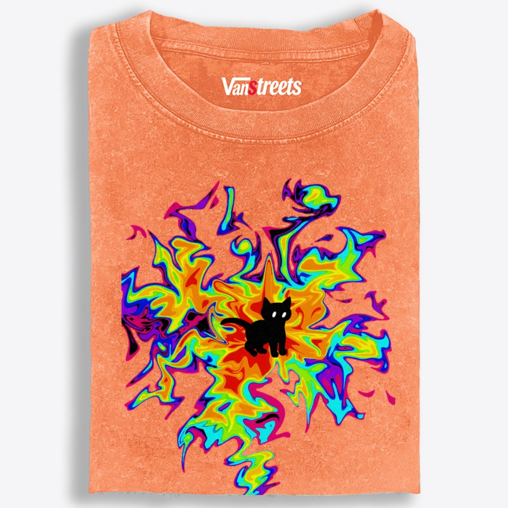 Psychedelic Burst Neon Cat Art Retro Washed T-Shirt | 100% Cotton | Streetwear Essential