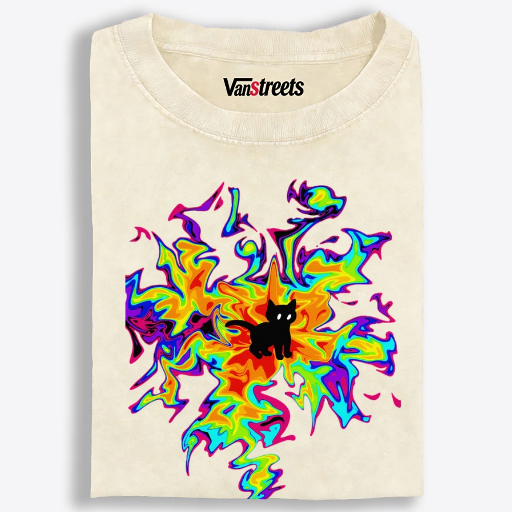 Psychedelic Burst Neon Cat Art Retro Washed T-Shirt | 100% Cotton | Streetwear Essential