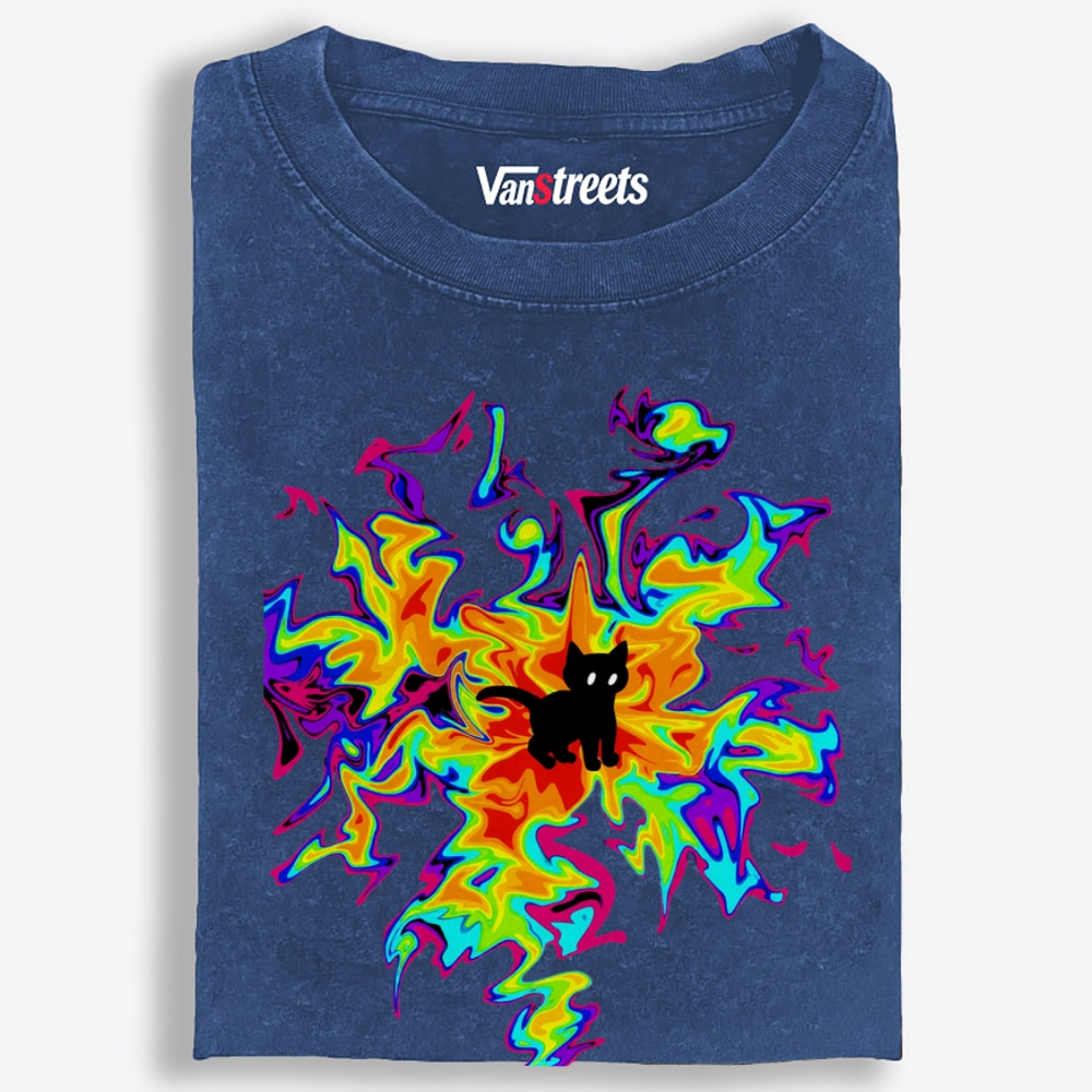Psychedelic Burst Neon Cat Art Retro Washed T-Shirt | 100% Cotton | Streetwear Essential