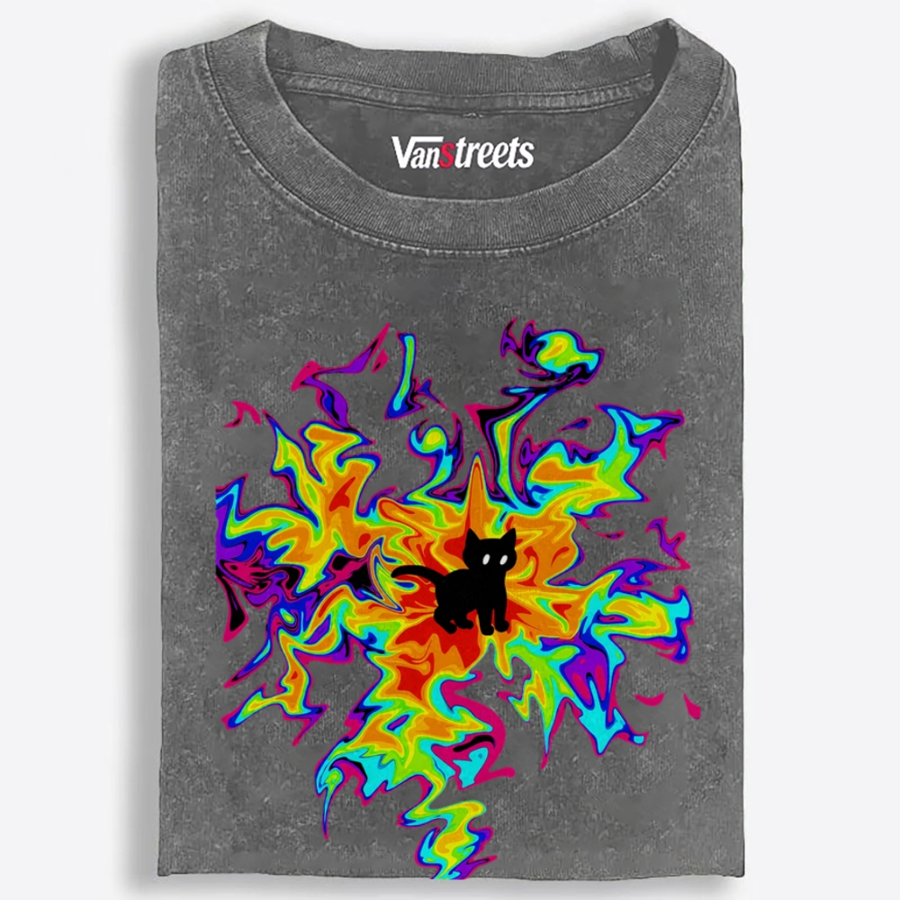 Psychedelic Burst Neon Cat Art Retro Washed T-Shirt | 100% Cotton | Streetwear Essential