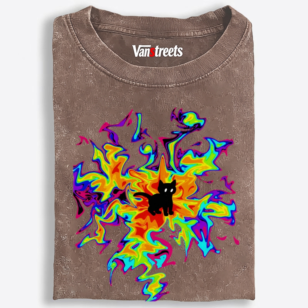 Psychedelic Burst Neon Cat Art Retro Washed T-Shirt | 100% Cotton | Streetwear Essential