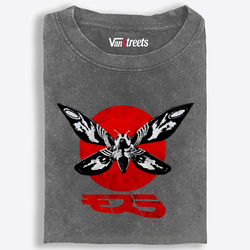 Moth & Red Sun Retro Washed T-Shirt | 100% Cotton | Streetwear Essential