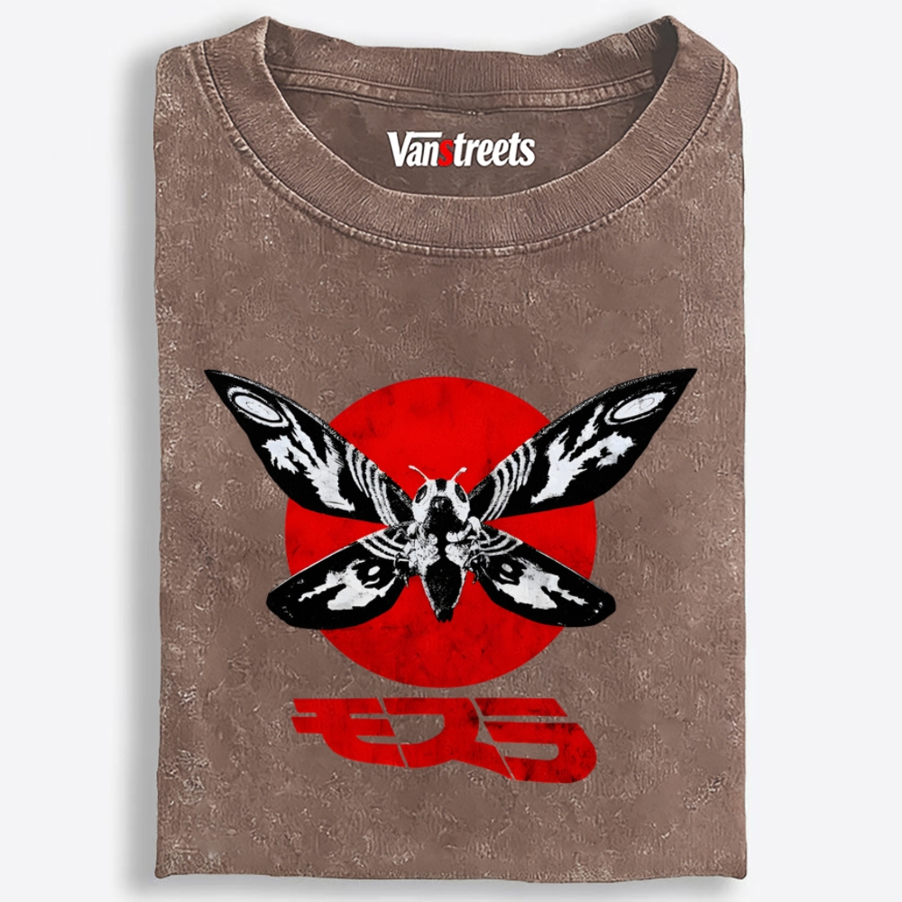 Moth & Red Sun Retro Washed T-Shirt | 100% Cotton | Streetwear Essential