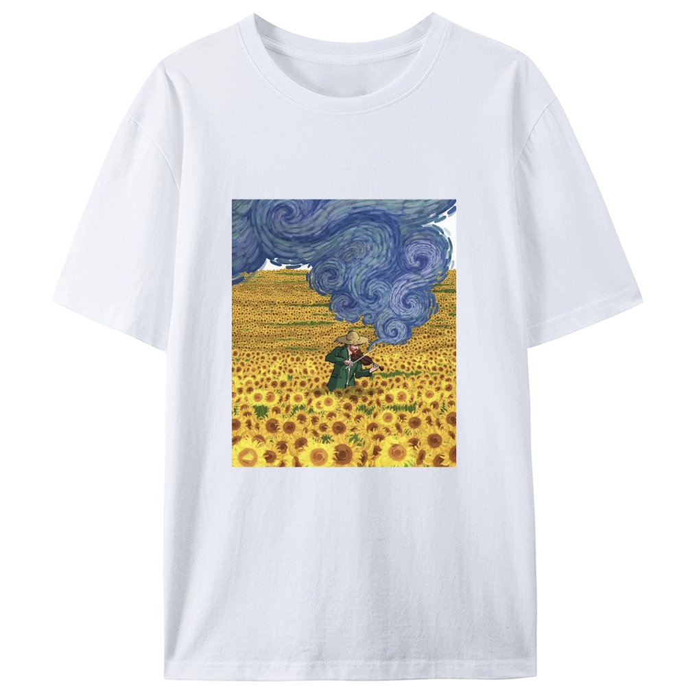 Van Gogh Playing Violin in Sunflower Field Designed for Women - Slim Fit Cotton Tee