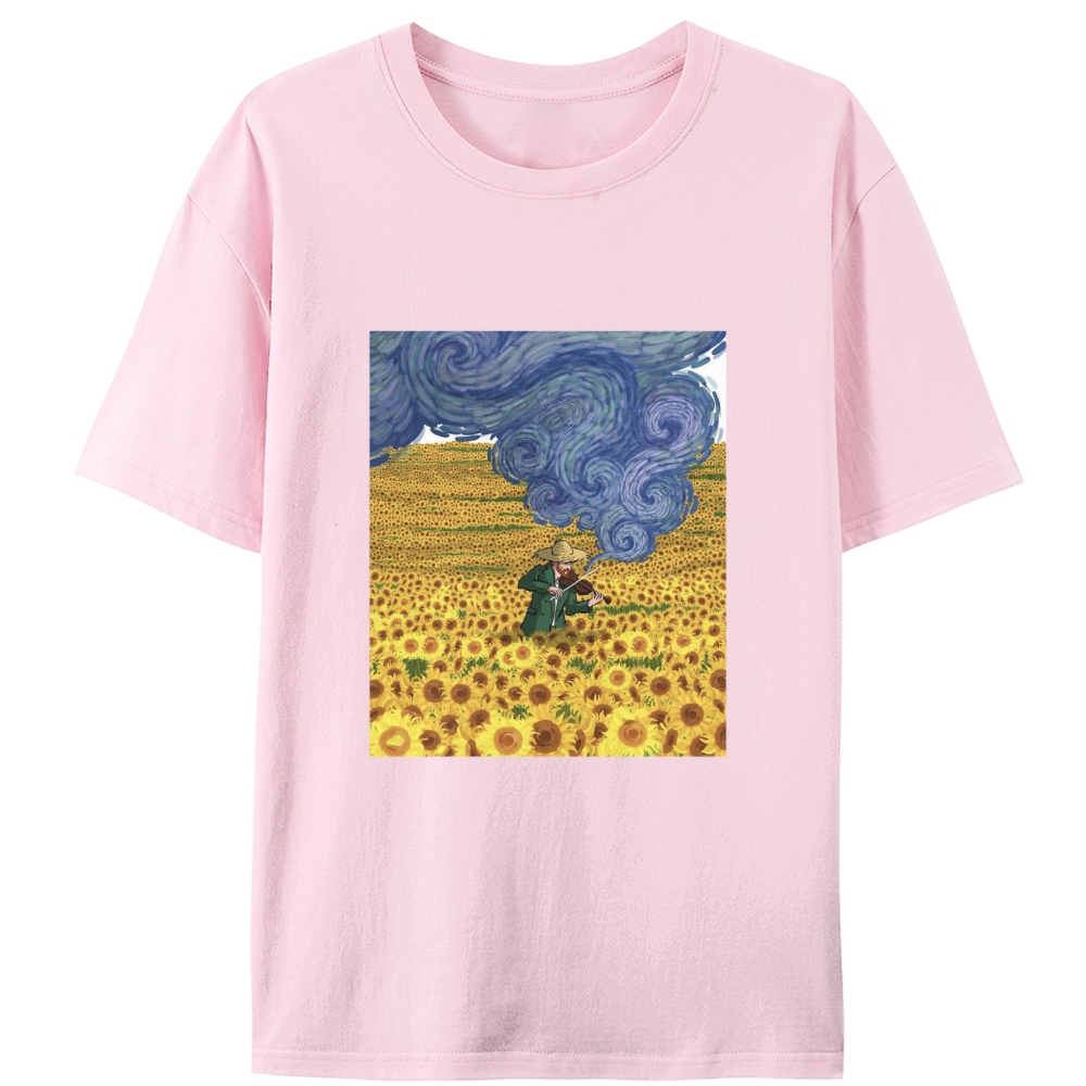 Van Gogh Playing Violin in Sunflower Field Designed for Women - Slim Fit Cotton Tee