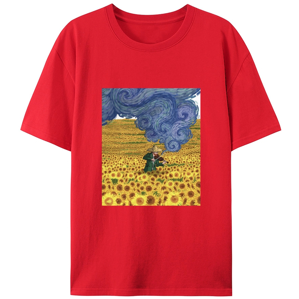 Van Gogh Playing Violin in Sunflower Field Designed for Women - Slim Fit Cotton Tee