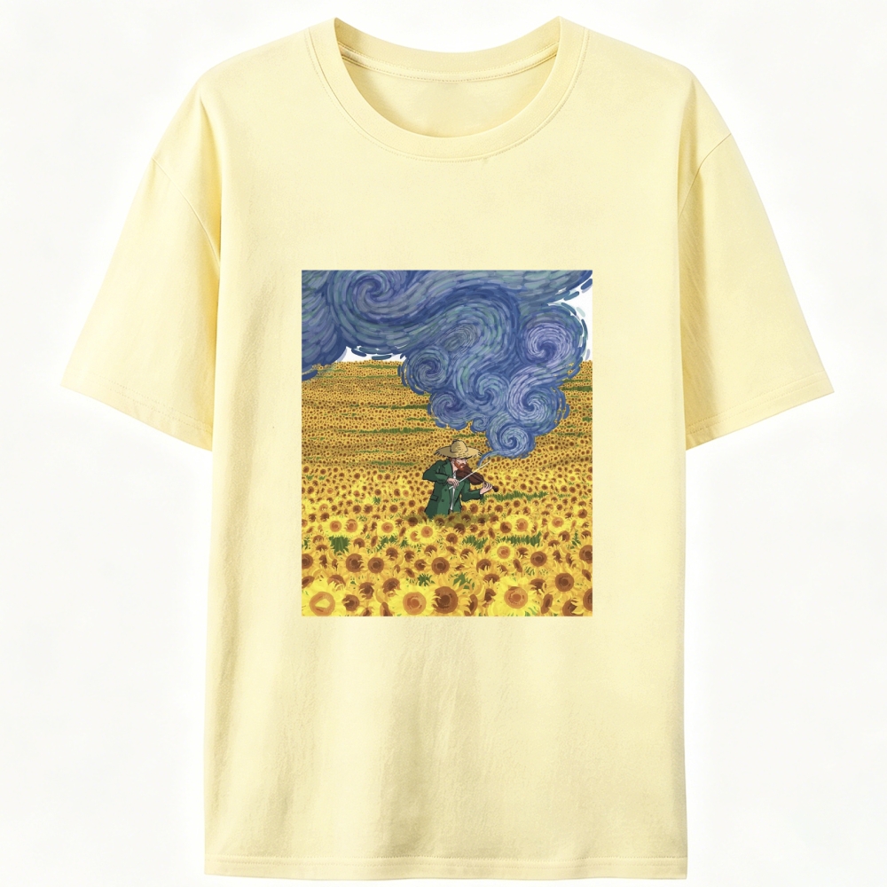 Van Gogh Playing Violin in Sunflower Field Designed for Women - Slim Fit Cotton Tee