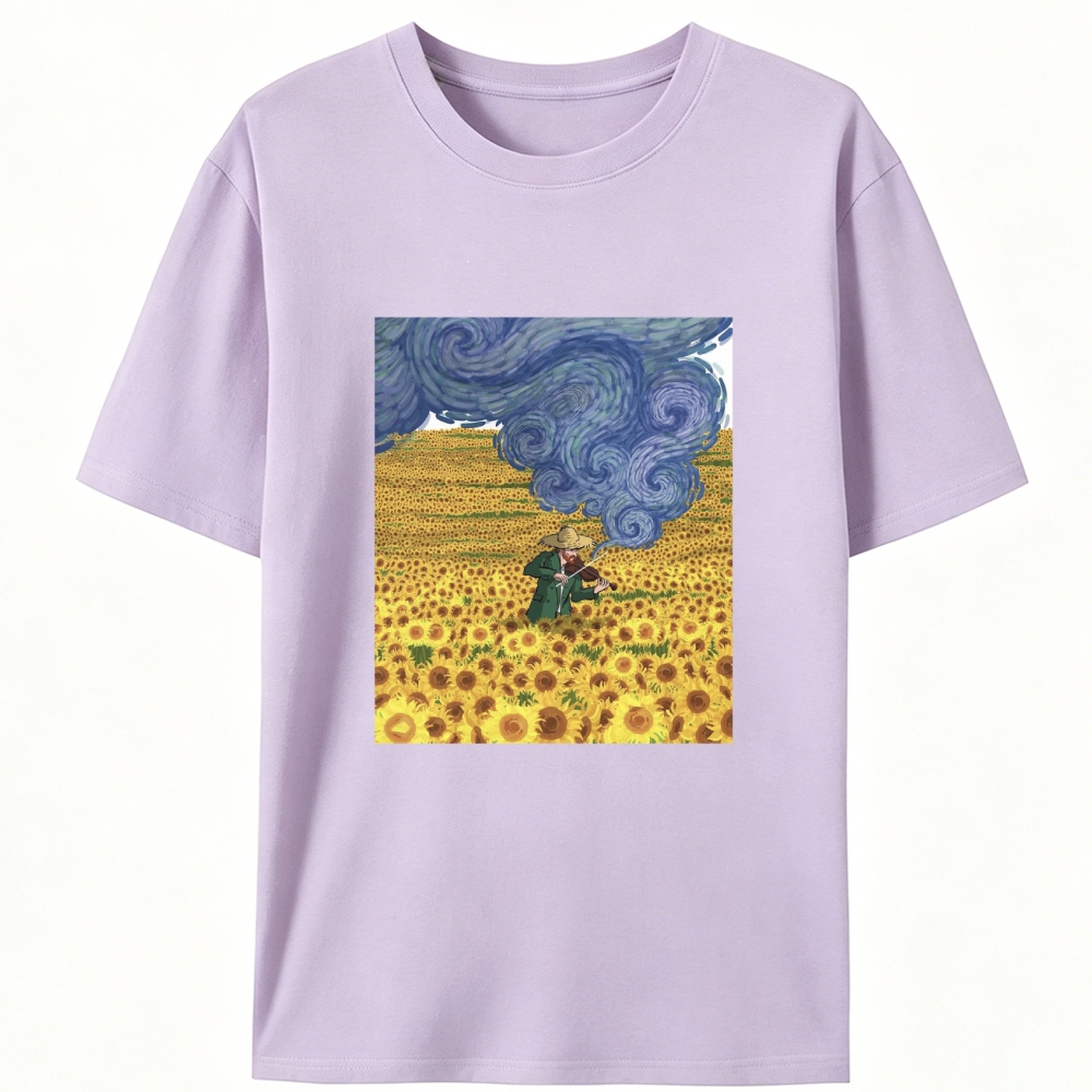 Van Gogh Playing Violin in Sunflower Field Designed for Women - Slim Fit Cotton Tee