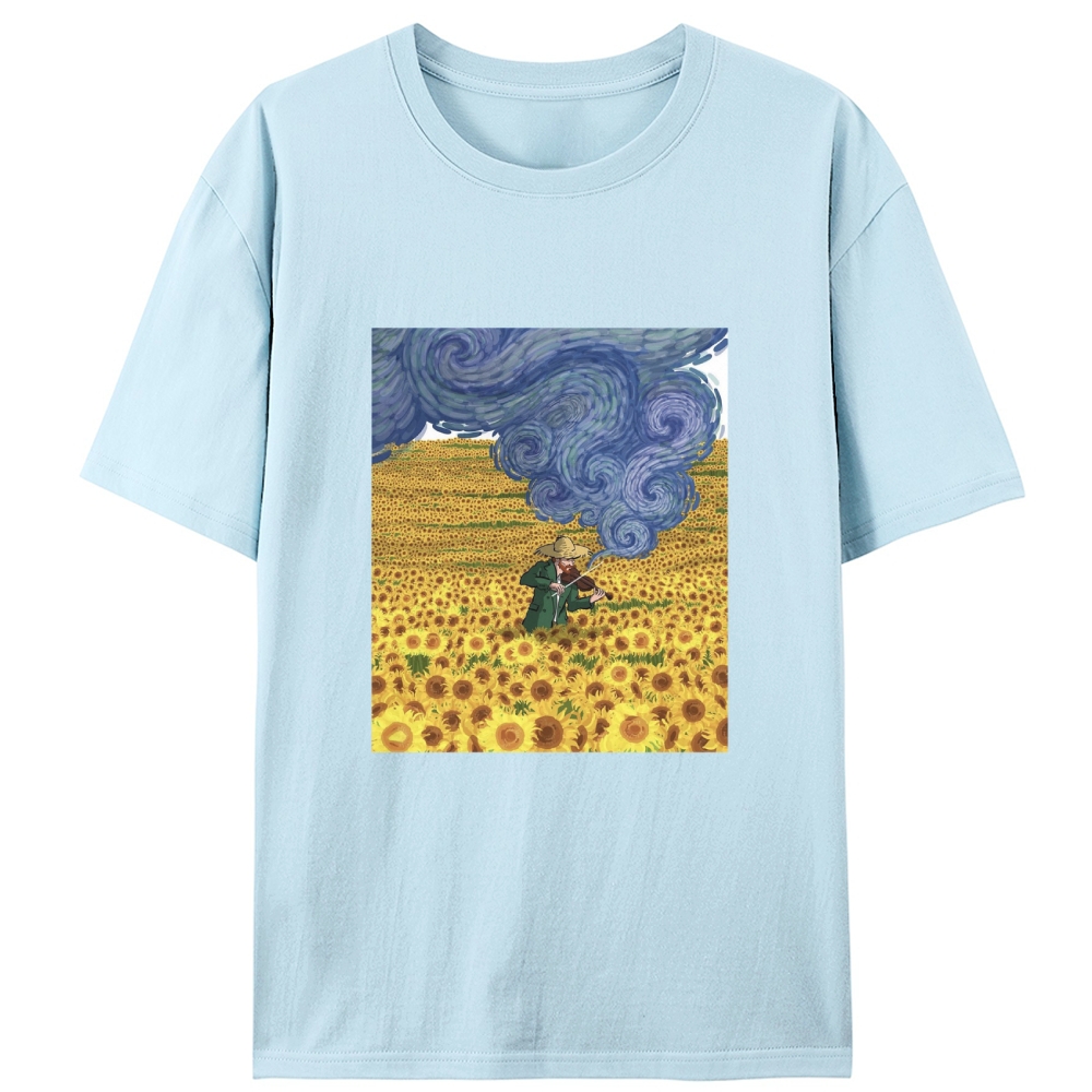 Van Gogh Playing Violin in Sunflower Field Designed for Women - Slim Fit Cotton Tee