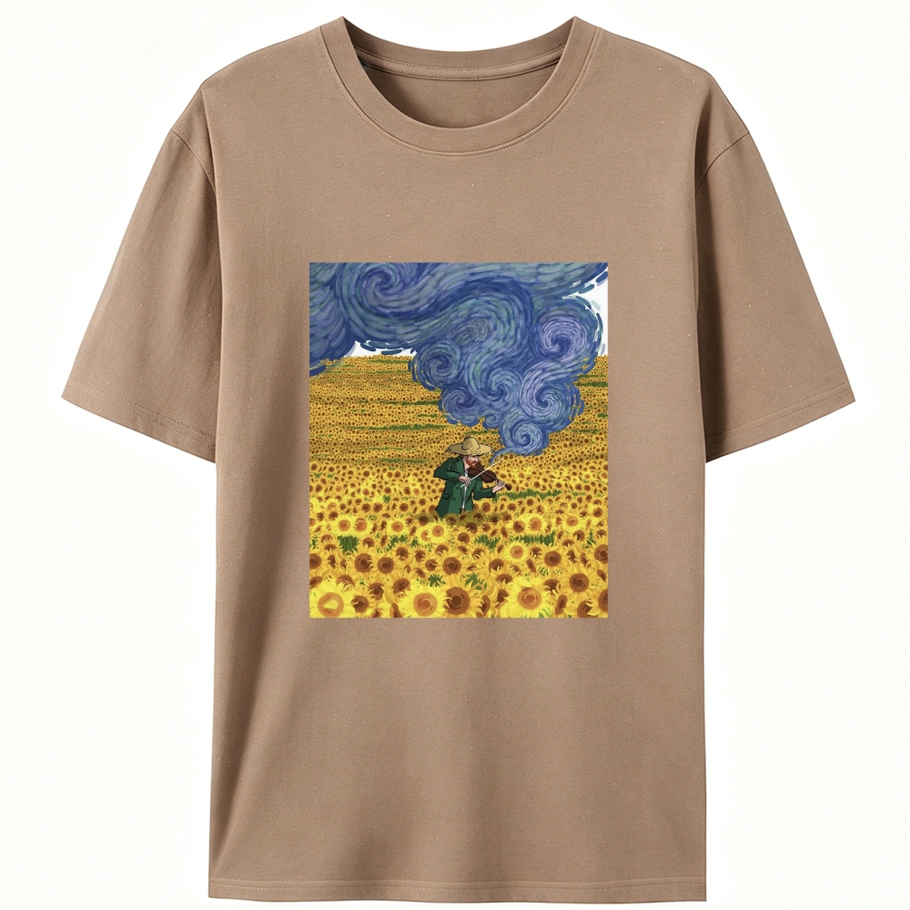 Van Gogh Playing Violin in Sunflower Field Designed for Women - Slim Fit Cotton Tee