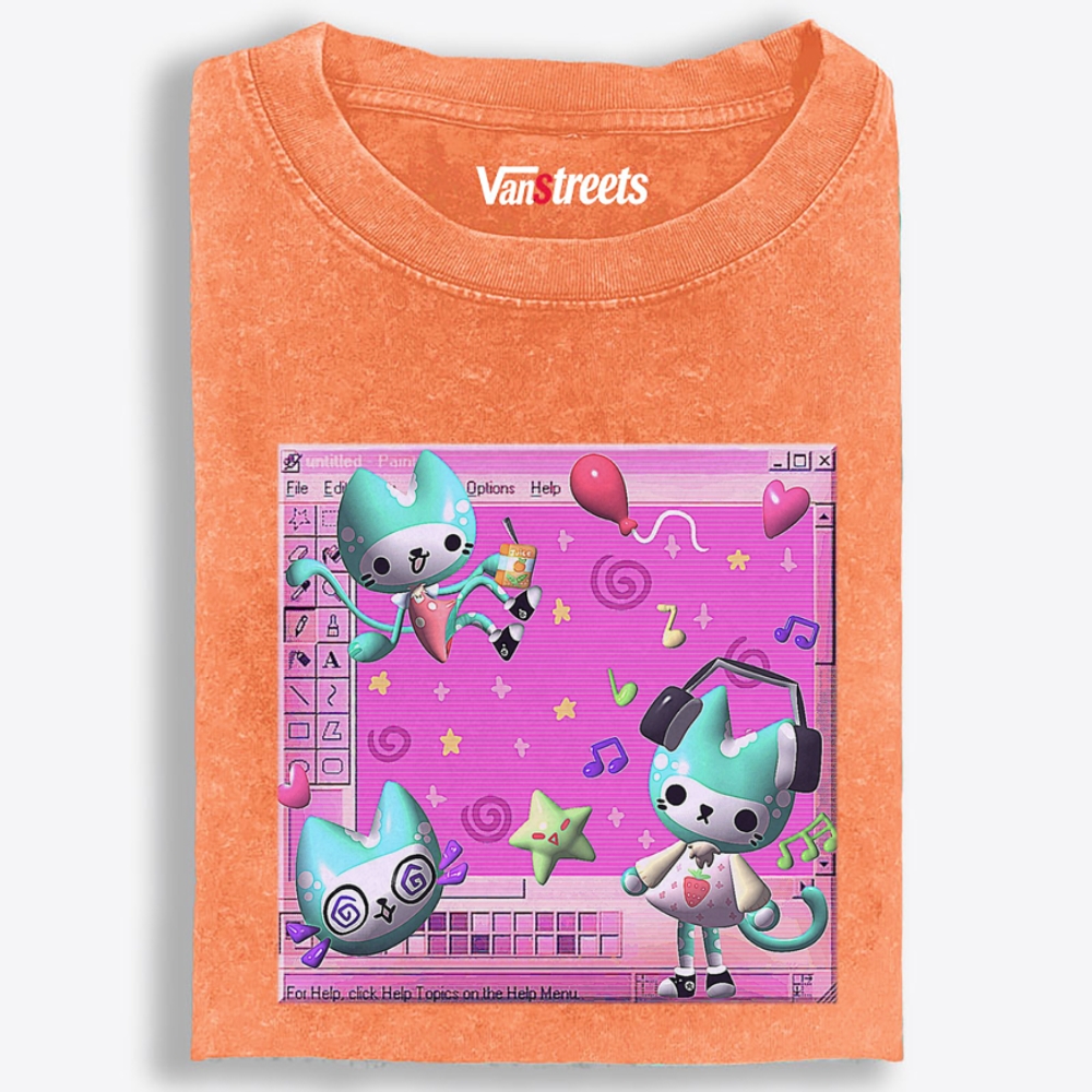 Kawaii Desktop Cat Retro Washed T-Shirt | 100% Cotton | Streetwear Essential