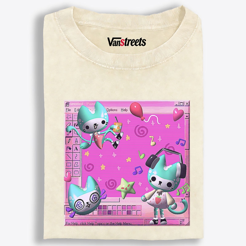 Kawaii Desktop Cat Retro Washed T-Shirt | 100% Cotton | Streetwear Essential