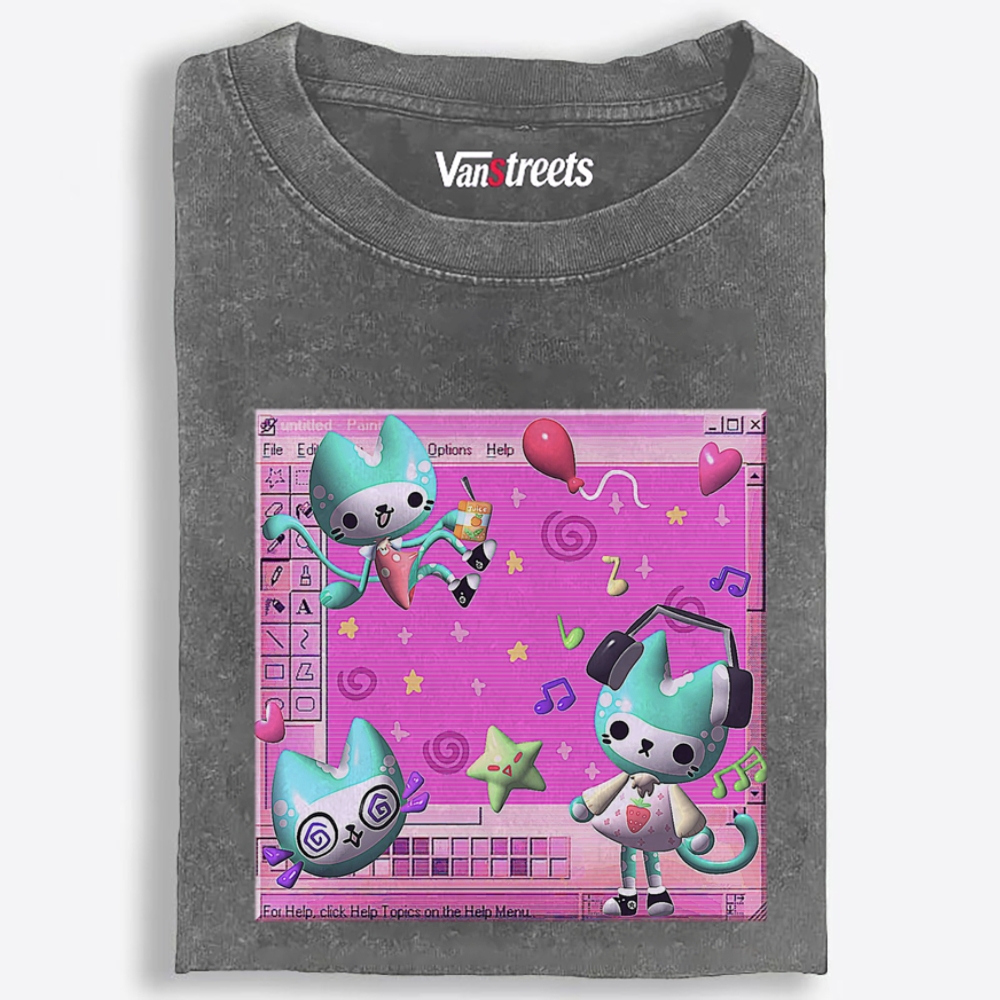 Kawaii Desktop Cat Retro Washed T-Shirt | 100% Cotton | Streetwear Essential