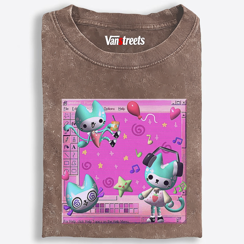 Kawaii Desktop Cat Retro Washed T-Shirt | 100% Cotton | Streetwear Essential