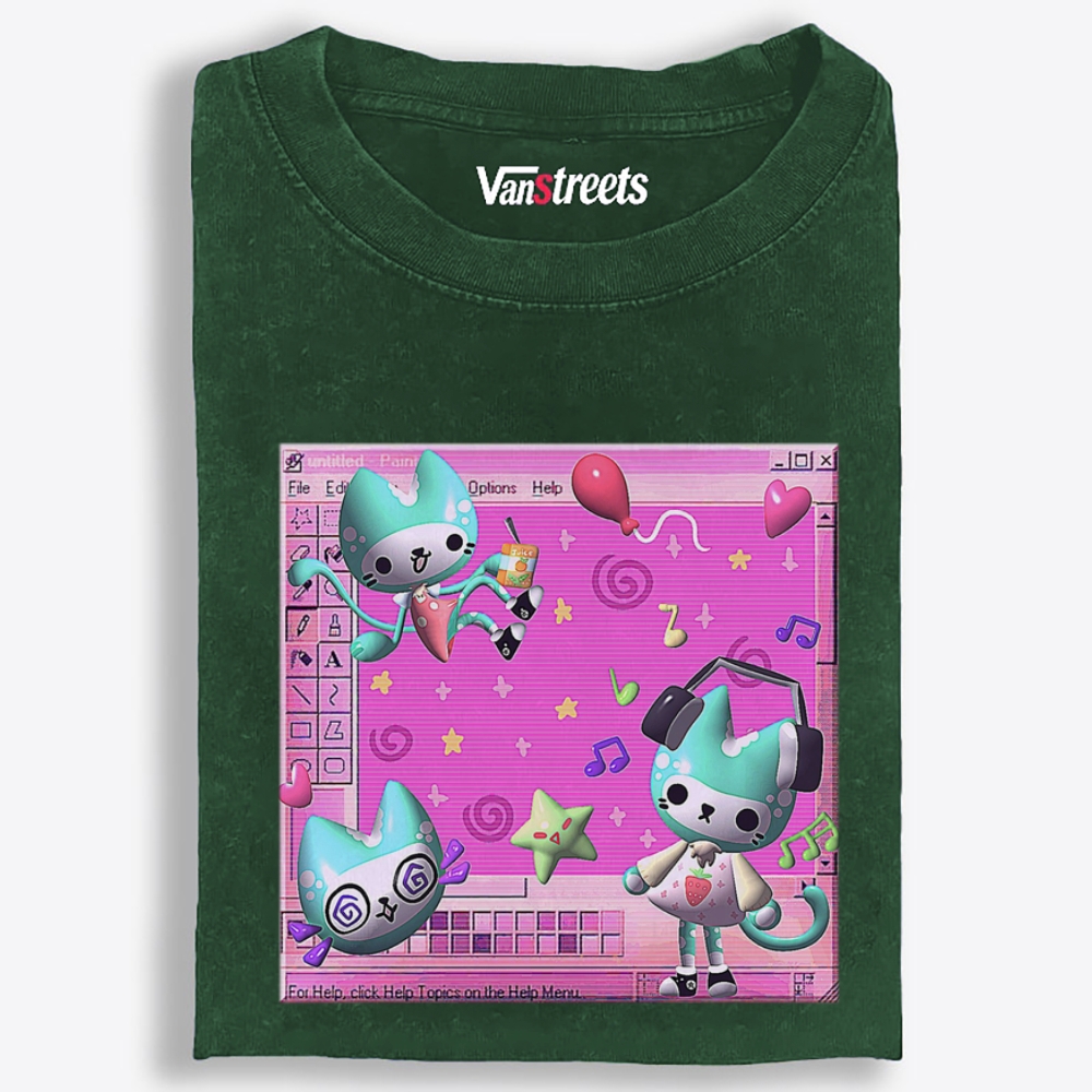 Kawaii Desktop Cat Retro Washed T-Shirt | 100% Cotton | Streetwear Essential