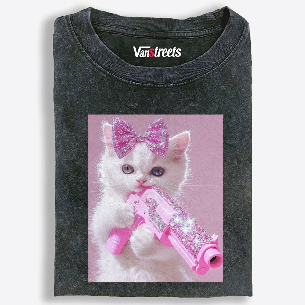 Pink Bling Gun Cat Retro Washed T-Shirt | 100% Cotton | Streetwear Essential