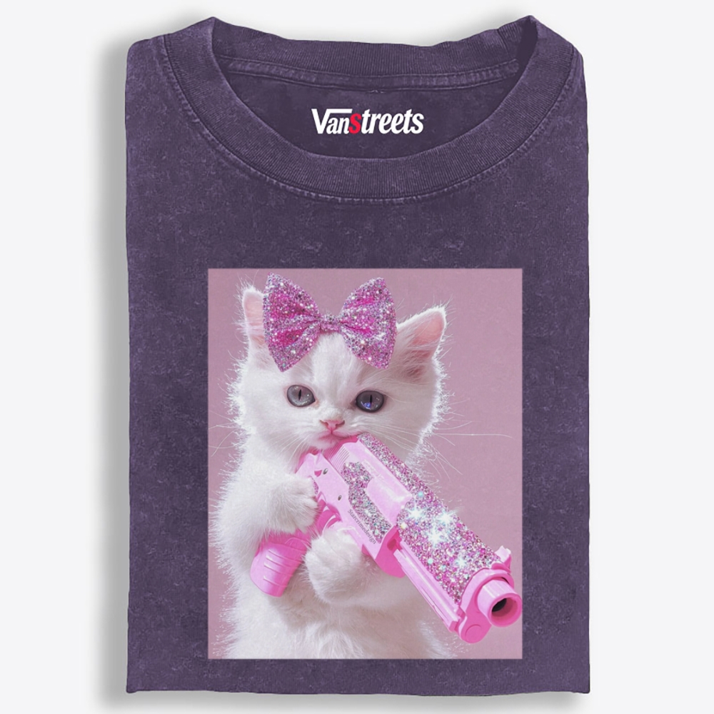 Pink Bling Gun Cat Retro Washed T-Shirt | 100% Cotton | Streetwear Essential