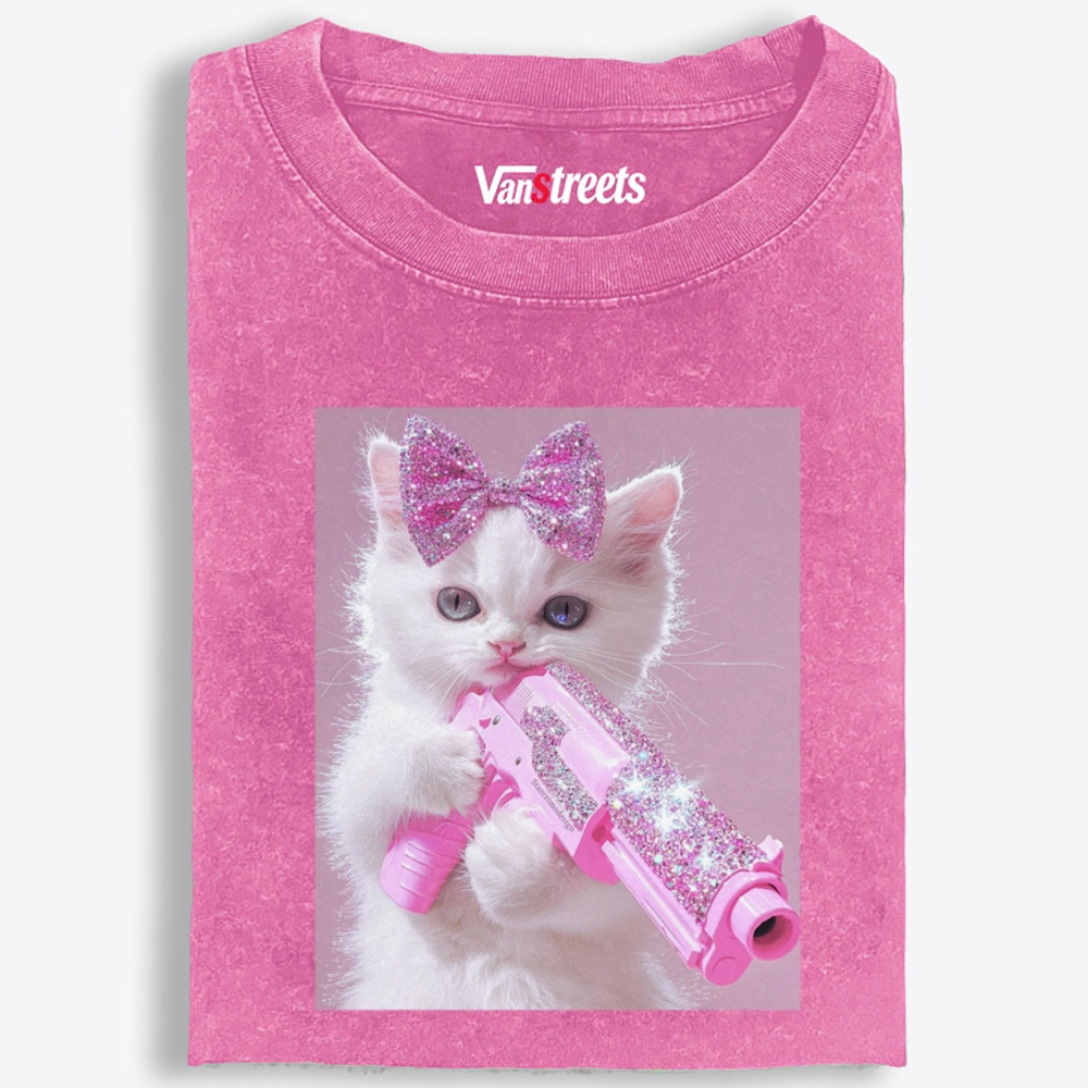 Pink Bling Gun Cat Retro Washed T-Shirt | 100% Cotton | Streetwear Essential