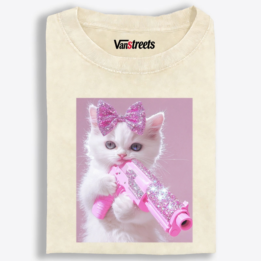 Pink Bling Gun Cat Retro Washed T-Shirt | 100% Cotton | Streetwear Essential