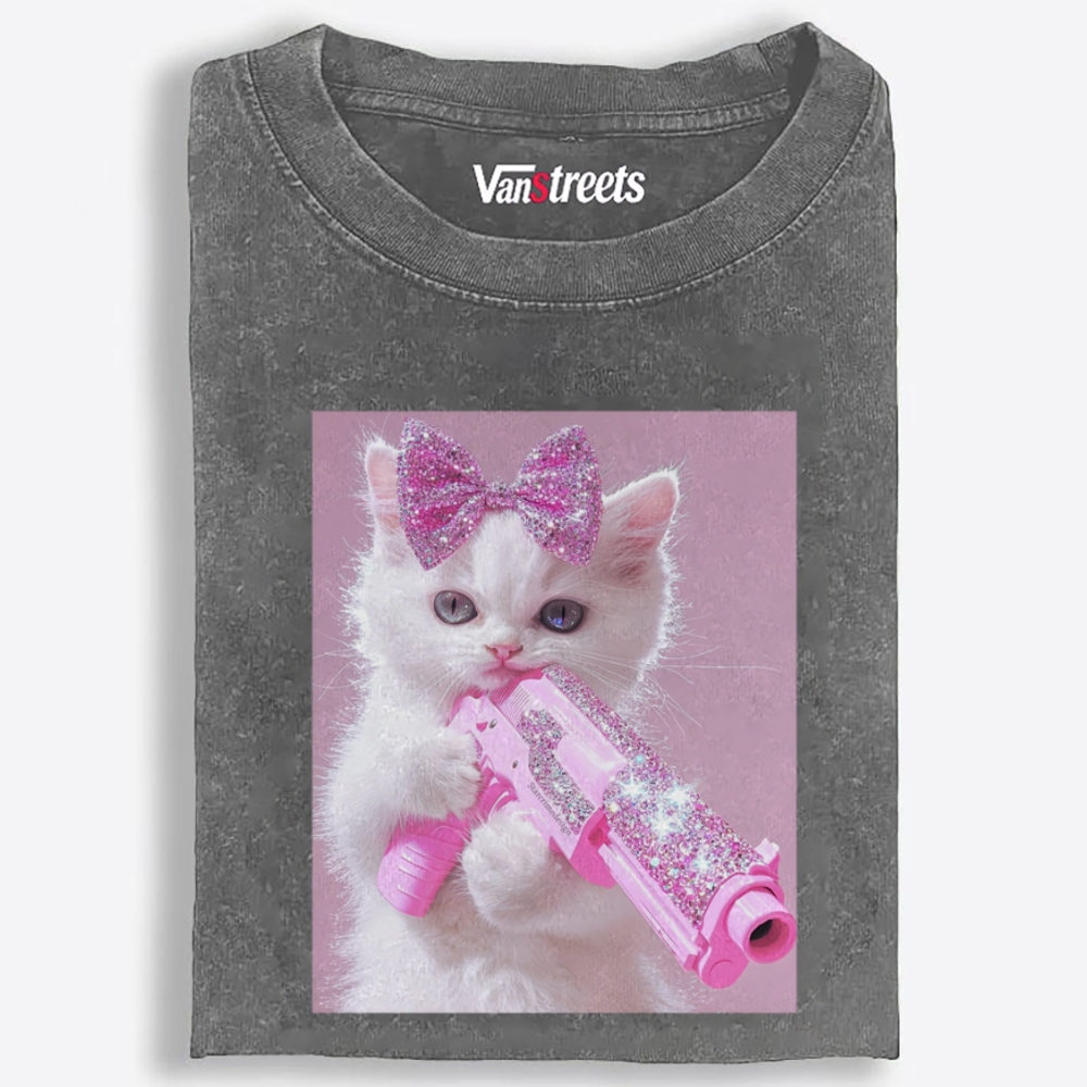Pink Bling Gun Cat Retro Washed T-Shirt | 100% Cotton | Streetwear Essential