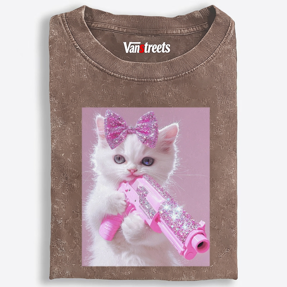 Pink Bling Gun Cat Retro Washed T-Shirt | 100% Cotton | Streetwear Essential