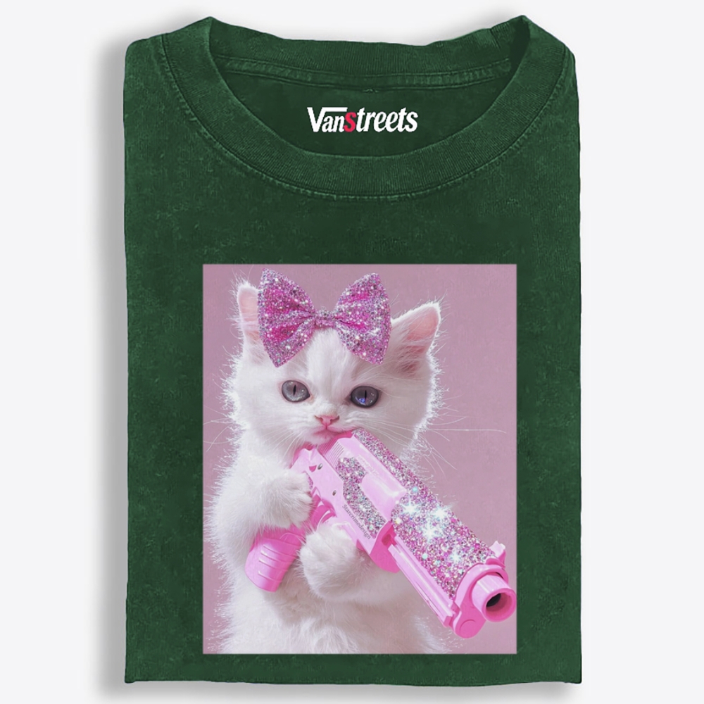 Pink Bling Gun Cat Retro Washed T-Shirt | 100% Cotton | Streetwear Essential