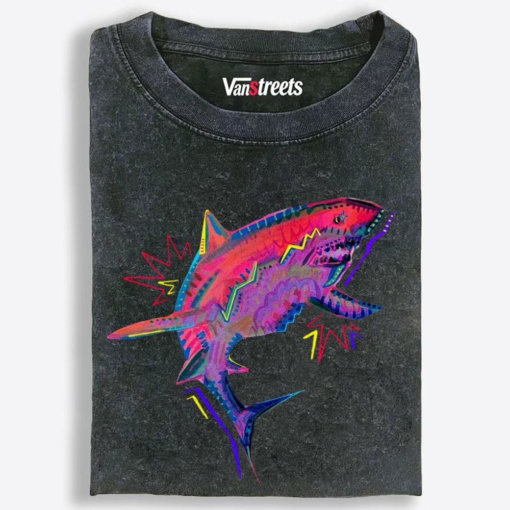 Neon Lightning Shark Retro Washed T-Shirt | 100% Cotton | Streetwear Essential