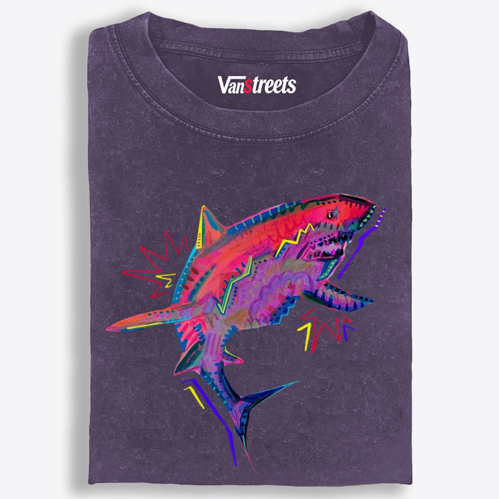 Neon Lightning Shark Retro Washed T-Shirt | 100% Cotton | Streetwear Essential