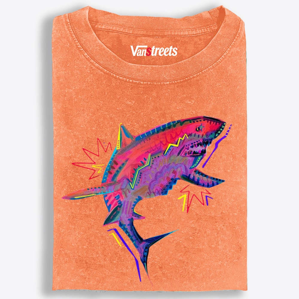 Neon Lightning Shark Retro Washed T-Shirt | 100% Cotton | Streetwear Essential