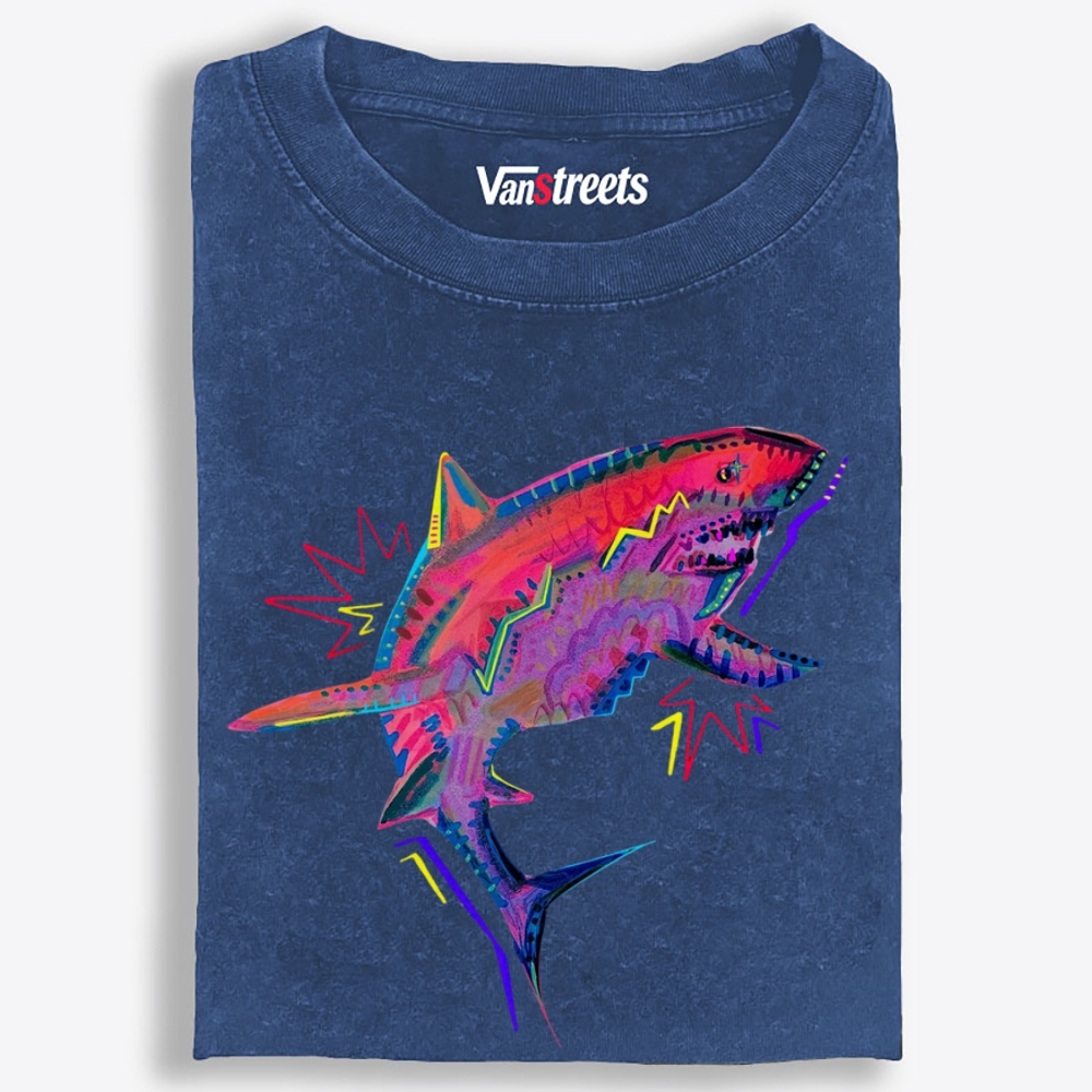 Neon Lightning Shark Retro Washed T-Shirt | 100% Cotton | Streetwear Essential