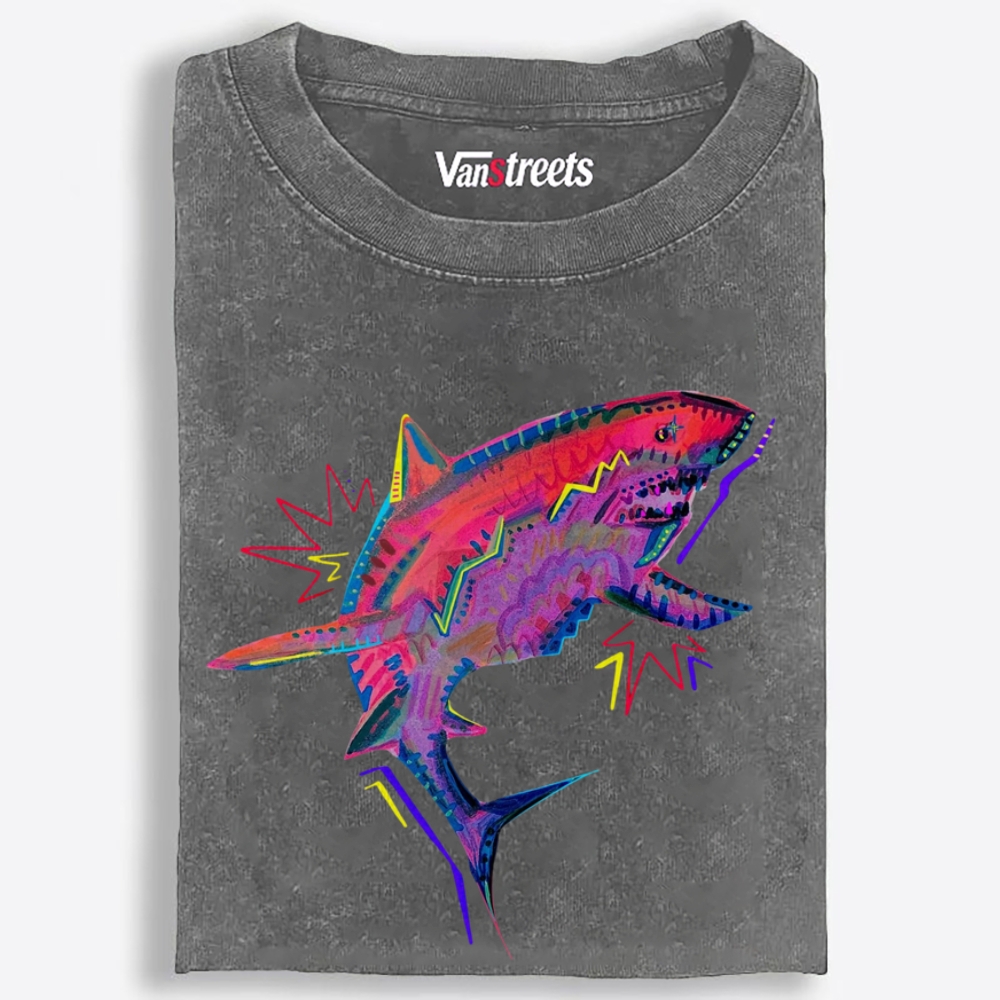 Neon Lightning Shark Retro Washed T-Shirt | 100% Cotton | Streetwear Essential