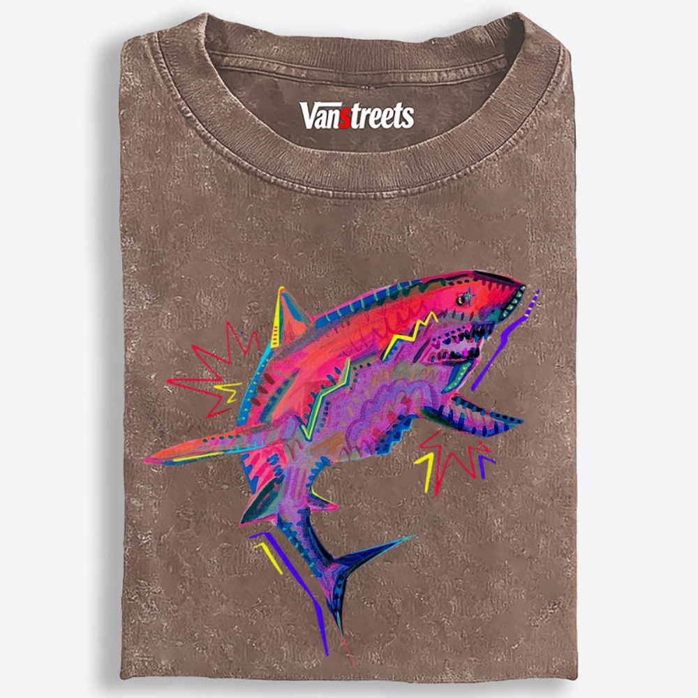 Neon Lightning Shark Retro Washed T-Shirt | 100% Cotton | Streetwear Essential
