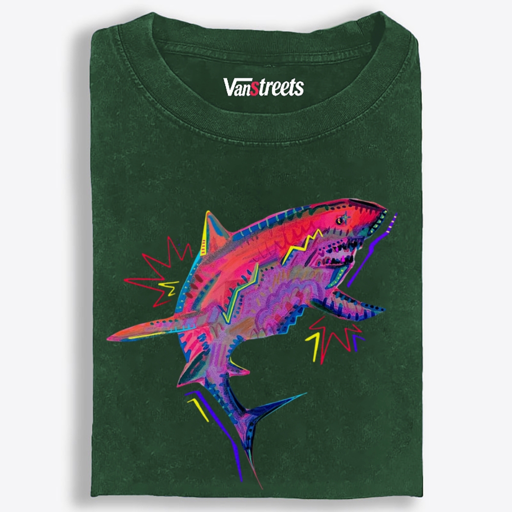 Neon Lightning Shark Retro Washed T-Shirt | 100% Cotton | Streetwear Essential