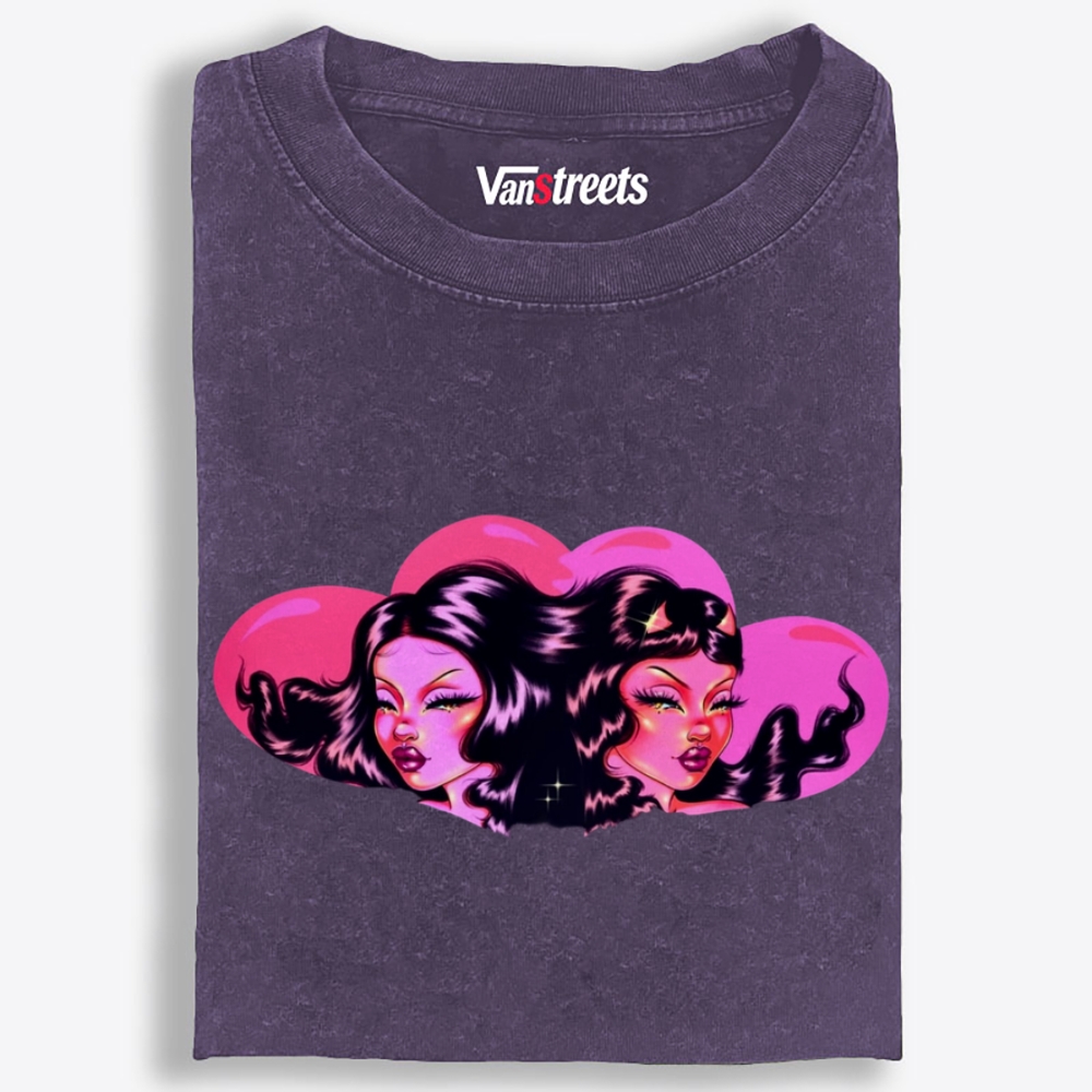 Twin Pink Heart Baddies Retro Washed T-Shirt | 100% Cotton | Streetwear Essential
