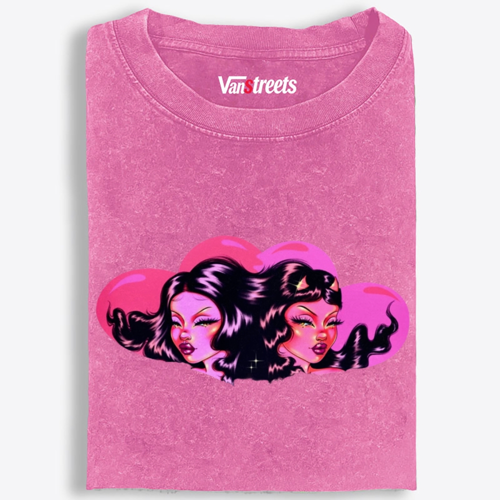Twin Pink Heart Baddies Retro Washed T-Shirt | 100% Cotton | Streetwear Essential