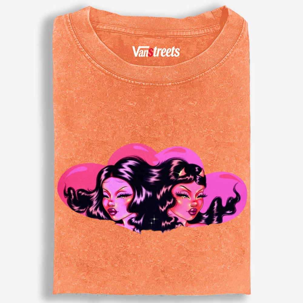 Twin Pink Heart Baddies Retro Washed T-Shirt | 100% Cotton | Streetwear Essential