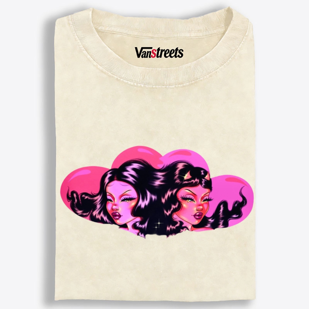Twin Pink Heart Baddies Retro Washed T-Shirt | 100% Cotton | Streetwear Essential