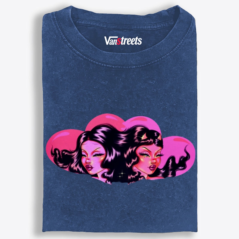 Twin Pink Heart Baddies Retro Washed T-Shirt | 100% Cotton | Streetwear Essential