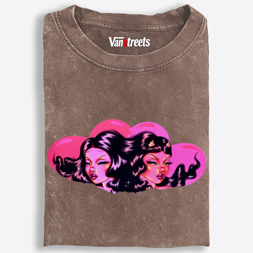Twin Pink Heart Baddies Retro Washed T-Shirt | 100% Cotton | Streetwear Essential