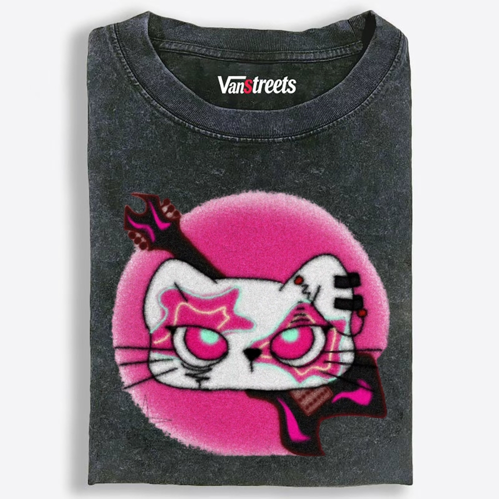 Gothic Pink Eyed Rock Cat Retro Washed T-Shirt | 100% Cotton | Streetwear Essential