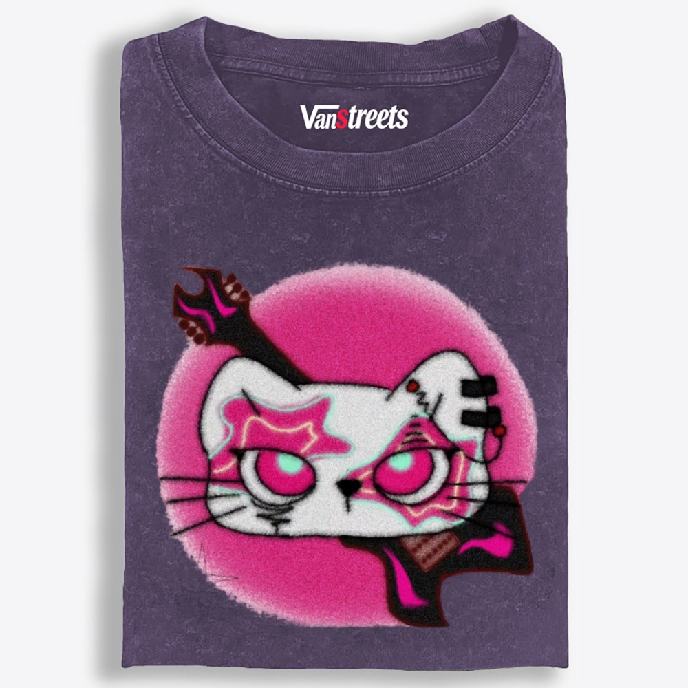 Gothic Pink Eyed Rock Cat Retro Washed T-Shirt | 100% Cotton | Streetwear Essential
