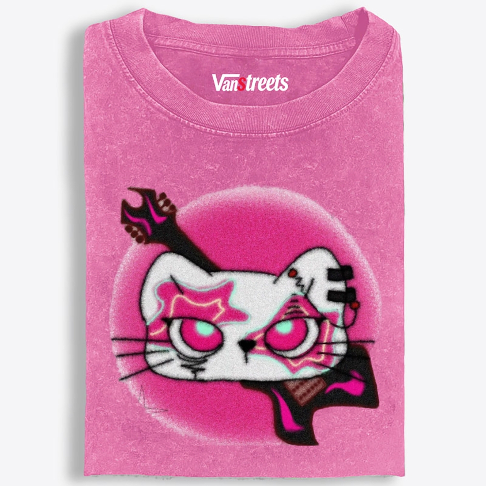 Gothic Pink Eyed Rock Cat Retro Washed T-Shirt | 100% Cotton | Streetwear Essential