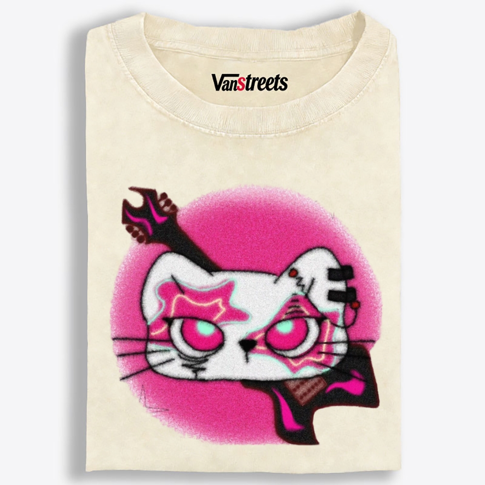 Gothic Pink Eyed Rock Cat Retro Washed T-Shirt | 100% Cotton | Streetwear Essential