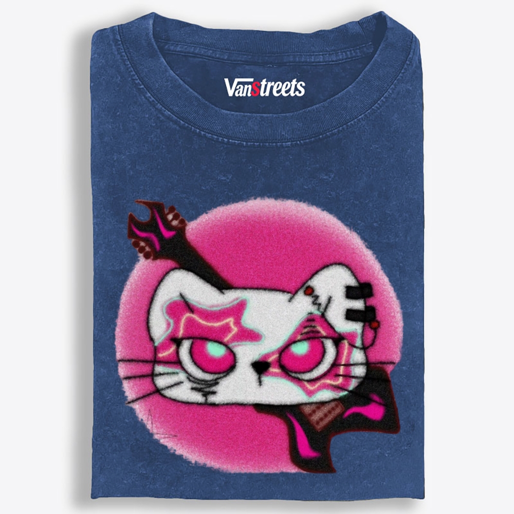 Gothic Pink Eyed Rock Cat Retro Washed T-Shirt | 100% Cotton | Streetwear Essential