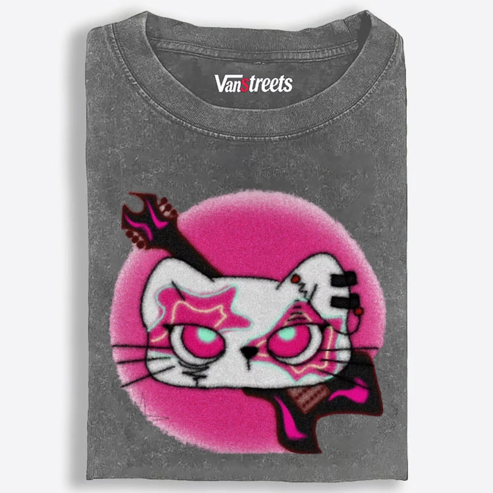 Gothic Pink Eyed Rock Cat Retro Washed T-Shirt | 100% Cotton | Streetwear Essential