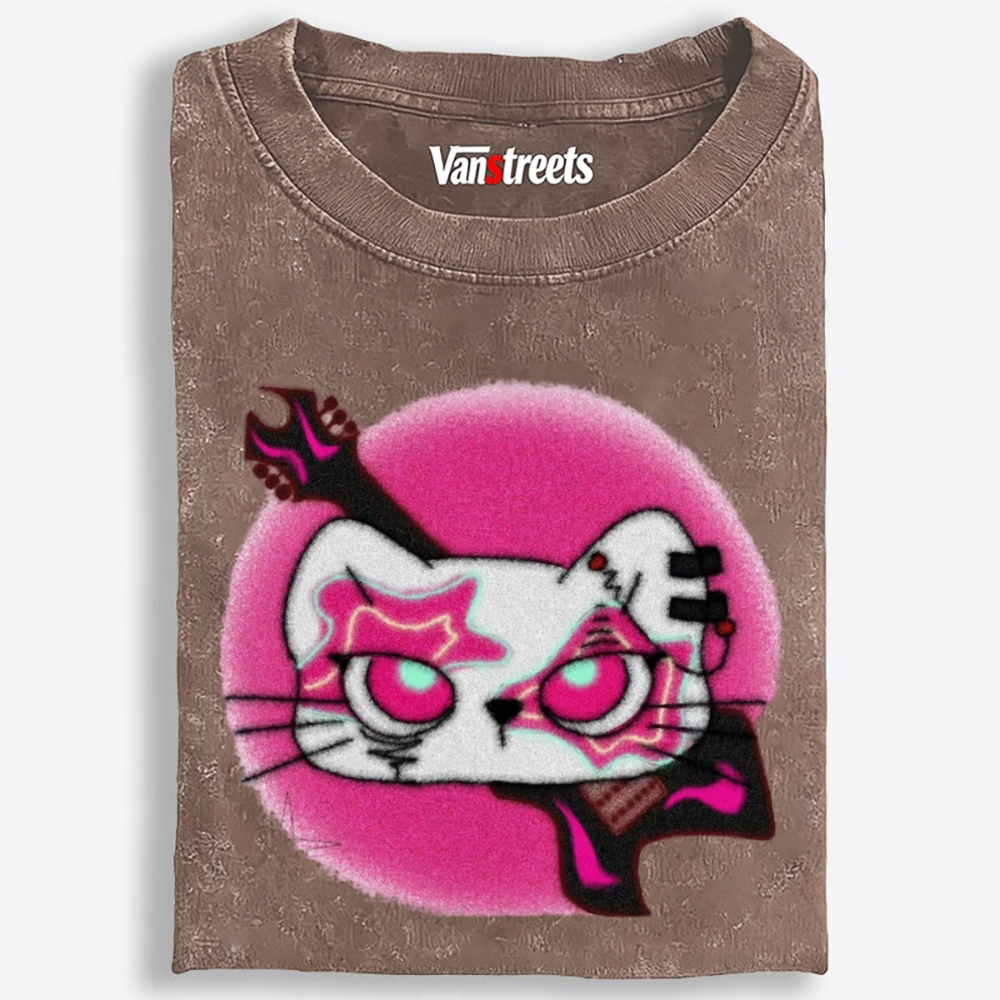 Gothic Pink Eyed Rock Cat Retro Washed T-Shirt | 100% Cotton | Streetwear Essential
