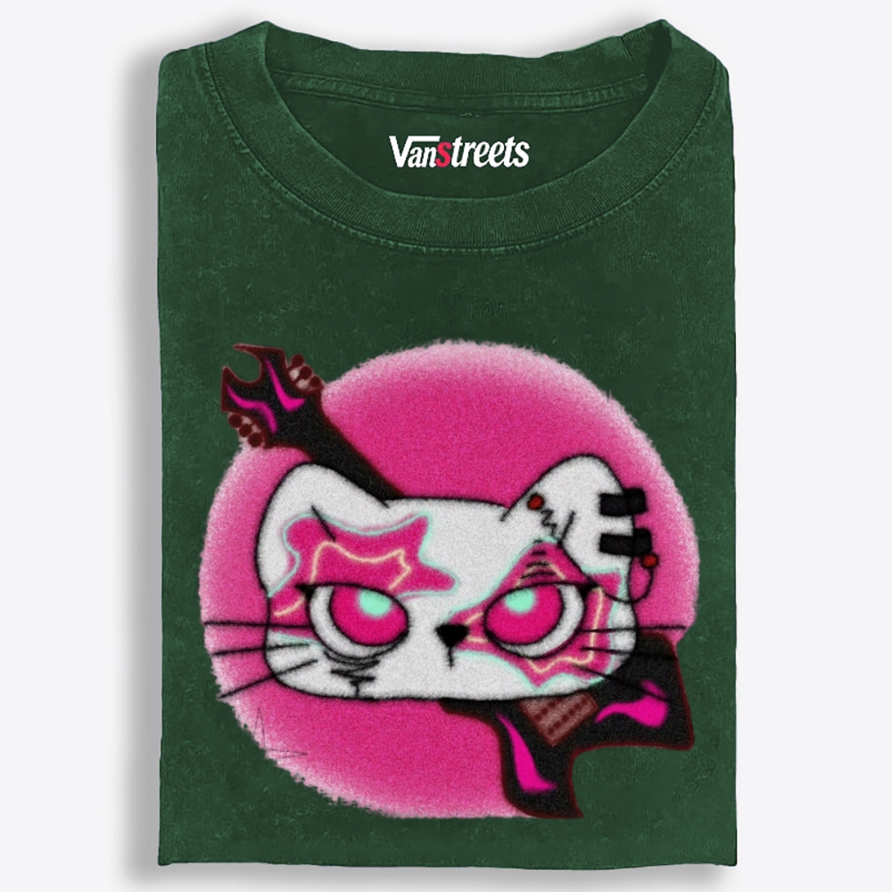 Gothic Pink Eyed Rock Cat Retro Washed T-Shirt | 100% Cotton | Streetwear Essential