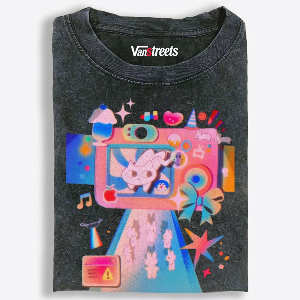 Macaron Pastel Camera Cat Retro Washed T-Shirt | 100% Cotton | Streetwear Essential